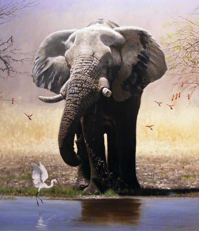 Pip McGarry, Original oil painting on canvas, Elephant, Egret and ...