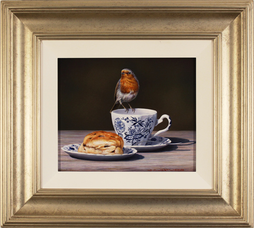 Wayne Westwood, Original oil painting on panel, Robin on a Tea Cup, click to enlarge