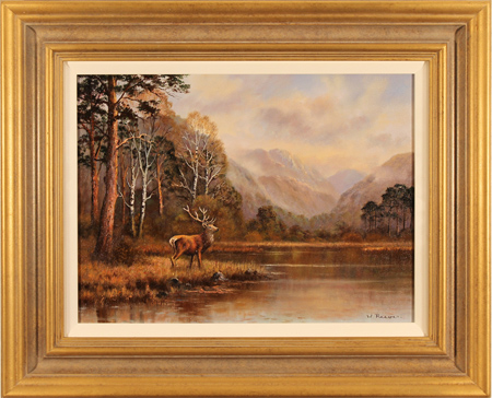 Wendy Reeves, Original oil painting on canvas, Stag at Lakeside, click to enlarge