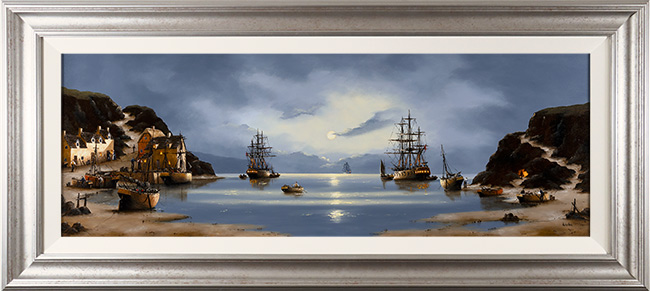 Alex Hill, Original oil painting on panel, Moonlit Galleons