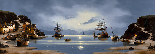 Alex Hill, Original oil painting on panel, Moonlit Galleons