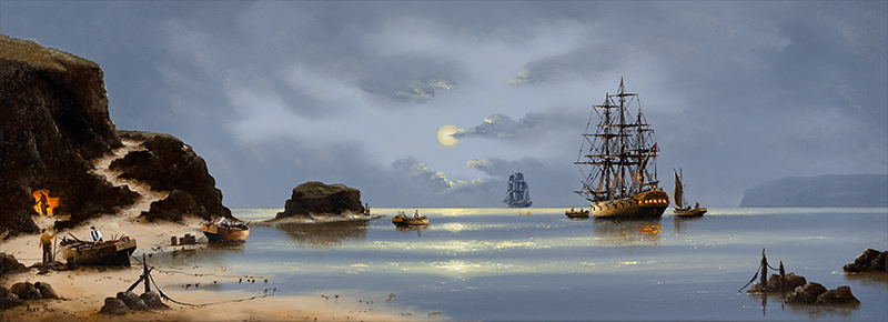 Alex Hill, Original oil painting on panel, On Moonlit Shores