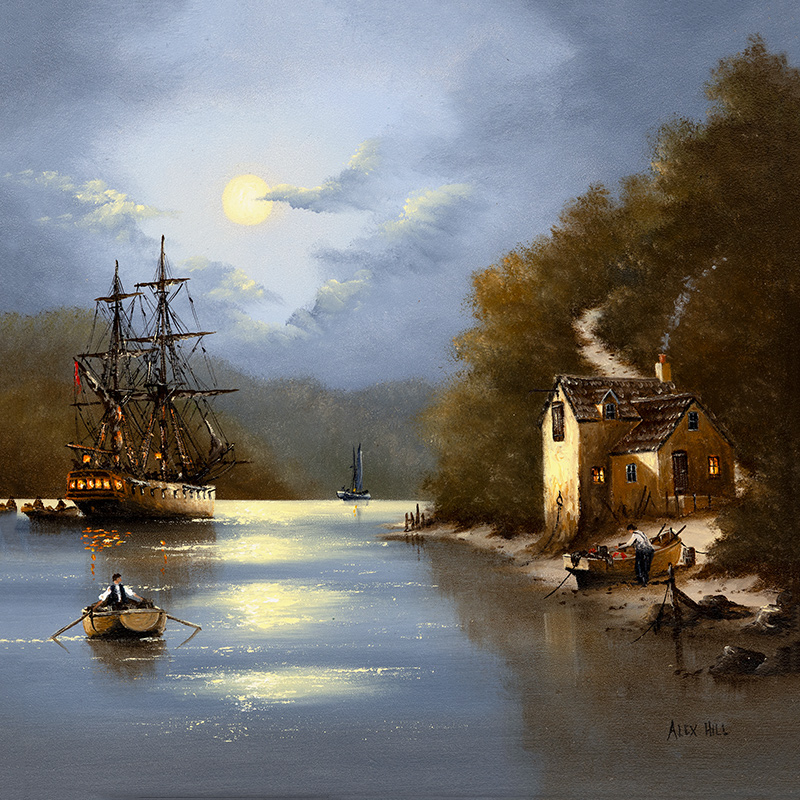 Alex Hill, Original oil painting on panel, Moonlight Haven