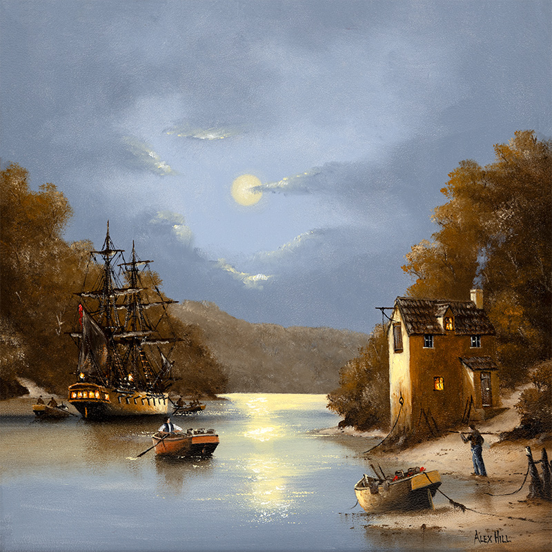Alex Hill, Original oil painting on panel, Moonlight Hideaway