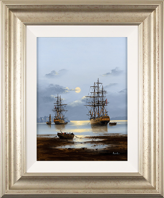 Alex Hill, Original oil painting on panel, Galleons by Moonlight