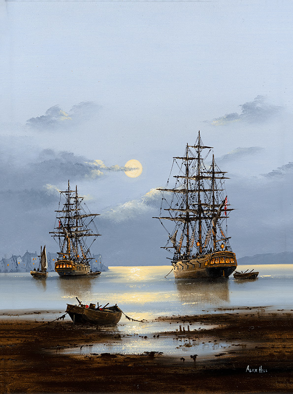 Alex Hill, Original oil painting on panel, Galleons by Moonlight