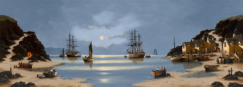 Alex Hill, Original oil painting on panel, Moonlight Over Smuggler's Bay