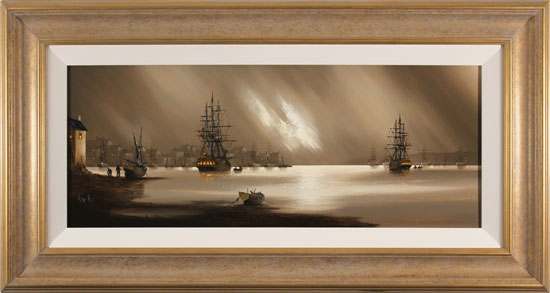 Alex Hill, Original oil painting on canvas, Foggy Evening at Whitby Harbour, click to enlarge