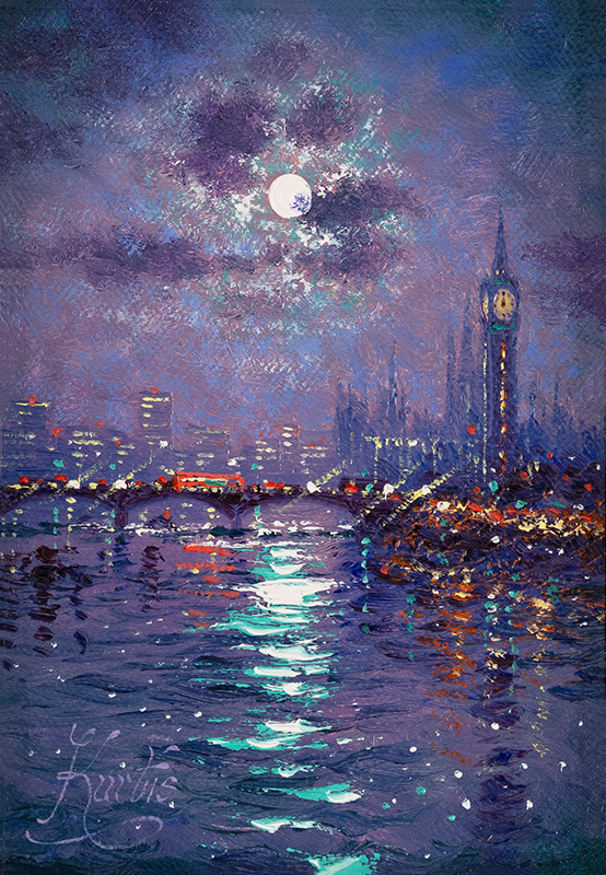 Andrew Grant Kurtis, Original oil painting on canvas, Westminster by Moonlight