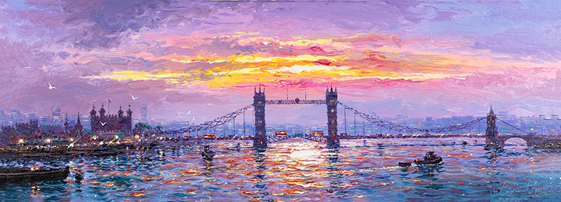 Andrew Grant Kurtis, Original oil painting on canvas, Sunshine Sparkle across Tower Bridge, London