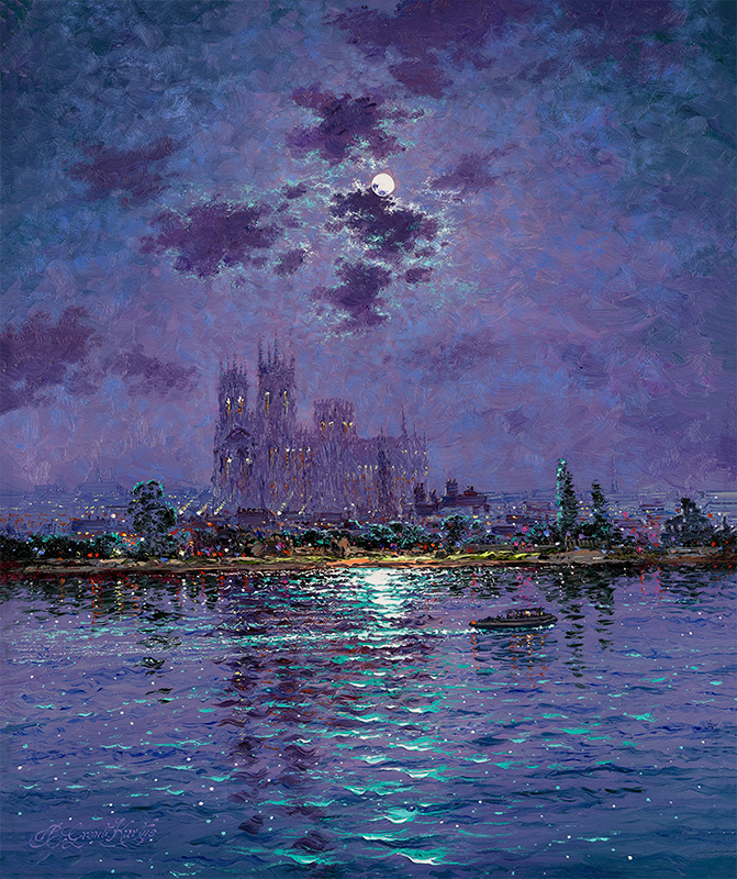 Andrew Grant Kurtis, Original oil painting on panel, Reflections of York Minster by Pale Moonlight
