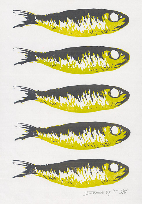 Andy Winn, Original linocut print, Five Sardines