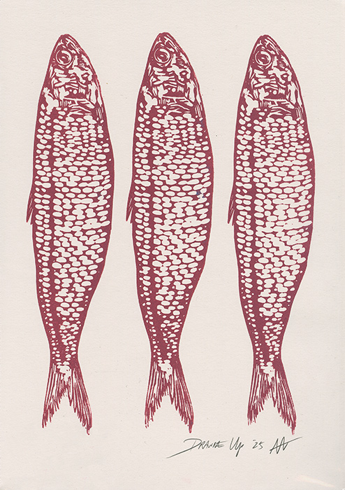 Andy Winn, Original linocut print, Three Sardines