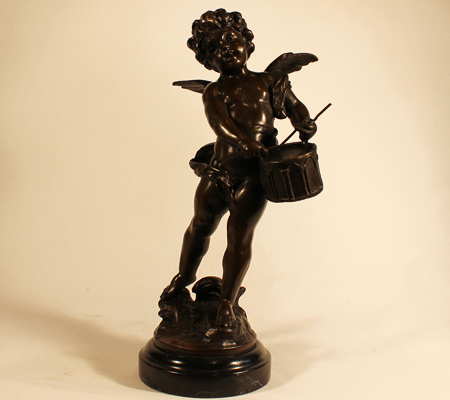 Bronze Statue, Bronze, Cherub with Drum, with marble base, click to enlarge