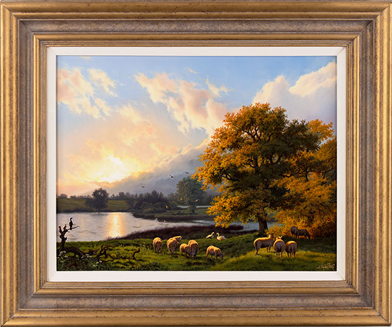 Daniel Van Der Putten, Original oil painting on panel, Sun Setting on Fawsley Lake, Northamptonshire