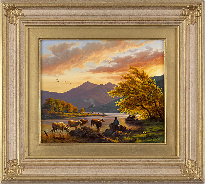 Daniel Van Der Putten, Original oil painting on panel, Sun Setting on Welsh Mountains