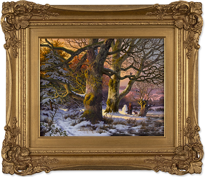 Daniel Van Der Putten, Original oil painting on panel, Building a Snowman in Strid Wood
