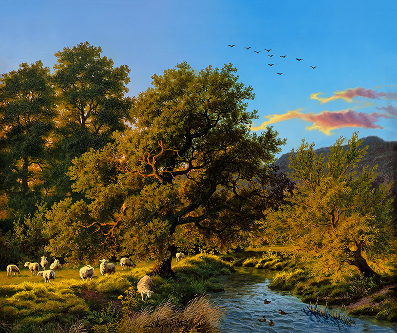 Daniel Van Der Putten, Original oil painting on panel, Sun Setting, River Skirfare, Yorskhire