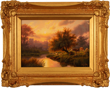 Daniel Van Der Putten, Original oil painting on panel, Sun Setting on Flore Church, Northamptonshire