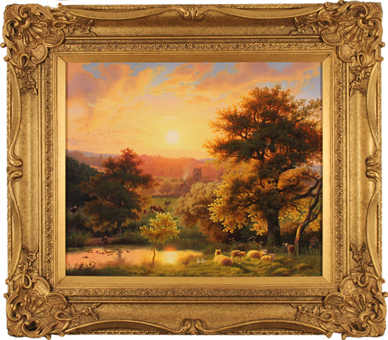 Daniel Van Der Putten, Original oil painting on panel, Sun Setting by the River, Flore