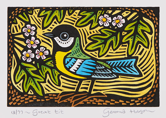 Gerard Hobson, Original linocut print, Great Tit (yellow background)