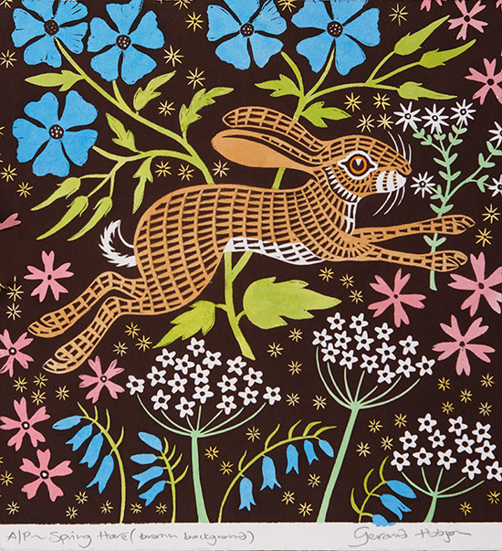 Gerard Hobson, Original linocut print, Spring Hare (brow background)