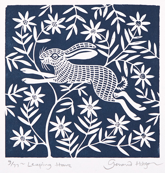 Gerard Hobson, Original linocut print, Leaping Hare (blue), click to enlarge