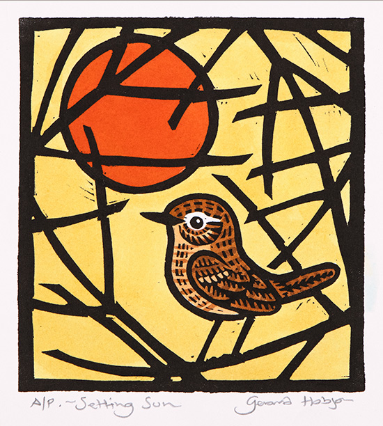 Gerard Hobson, Original linocut print, Setting Sun (bird facing left), click to enlarge