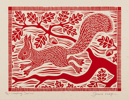 Gerard Hobson, Original linocut print, Leaping Squirrel , click to enlarge