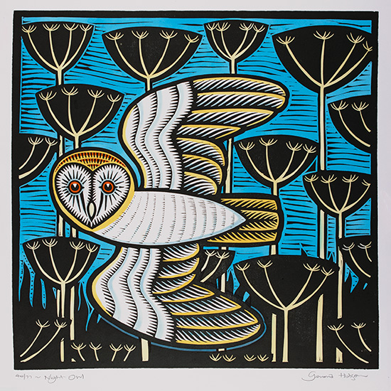 Gerard Hobson, Original linocut print, Night Owl