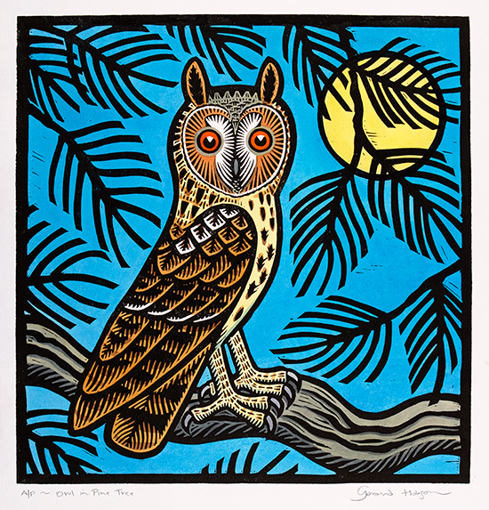 Gerard Hobson, Original linocut print, Owl in Pine Tree, click to enlarge