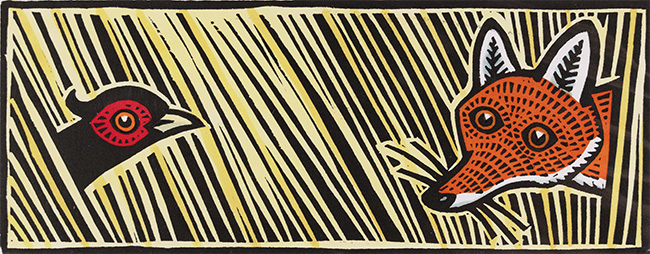 Gerard Hobson, Original linocut print, Fox and Pheasant