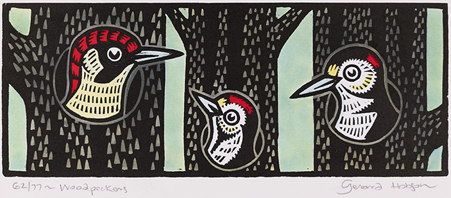 Gerard Hobson, Original linocut print, Woodpeckers