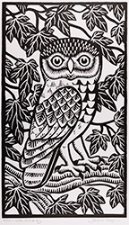 Gerard Hobson, Original linocut print, Little Owl and Ivy