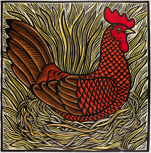 Gerard Hobson, Original linocut print, Brooding Hen