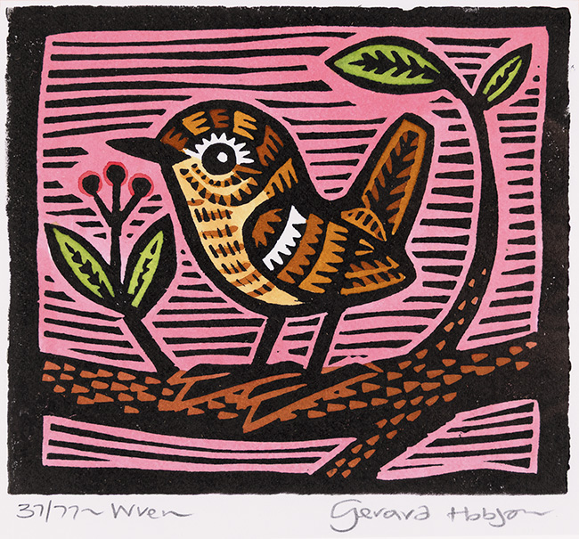 Gerard Hobson, Original linocut print, Wren