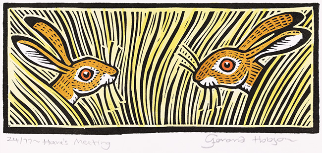 Gerard Hobson, Original linocut print, Hares Meeting