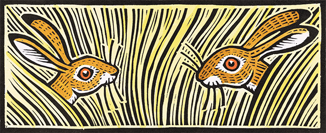 Gerard Hobson, Original linocut print, Hares Meeting