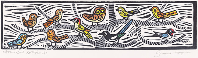 Gerard Hobson, Original linocut print, Owl and Friends