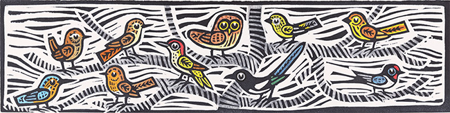 Gerard Hobson, Original linocut print, Owl and Friends