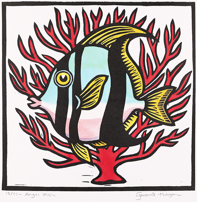Gerard Hobson, Original linocut print, Angel Fish