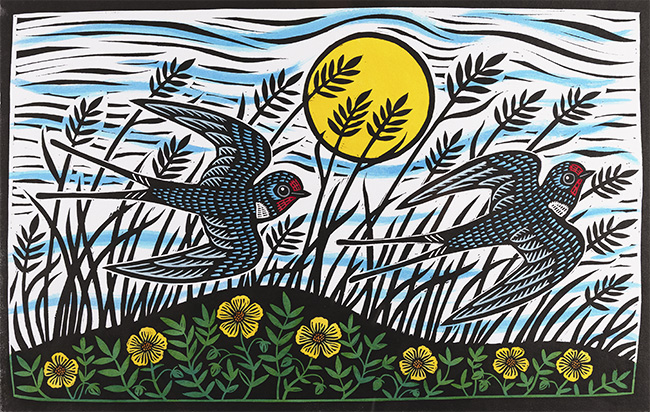 Gerard Hobson, Original linocut print, Alnmouth Swallows