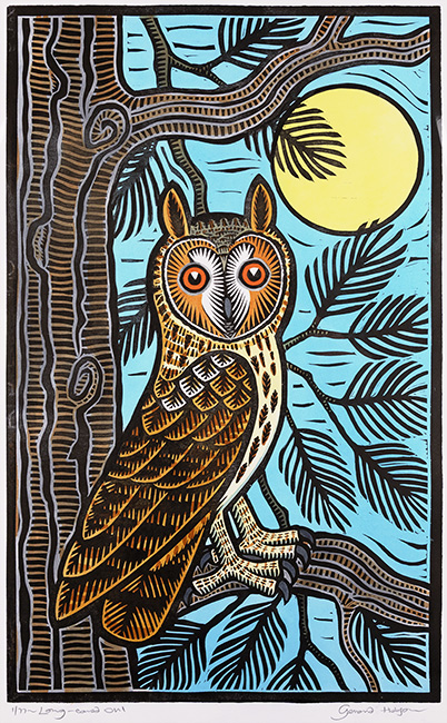 Gerard Hobson, Original linocut print, Long Eared Owl