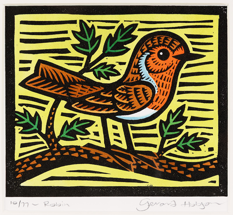 Gerard Hobson, Original linocut print, Robin