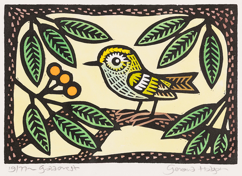 Gerard Hobson, Original linocut print, Goldcrest