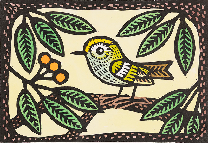 Gerard Hobson, Original linocut print, Goldcrest