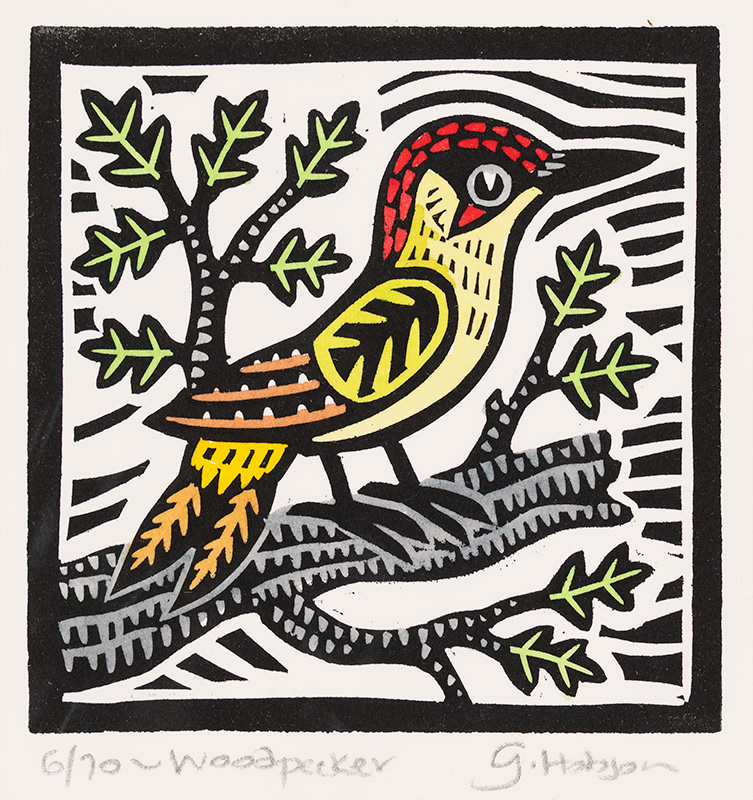 Gerard Hobson, Original linocut print, Woodpecker
