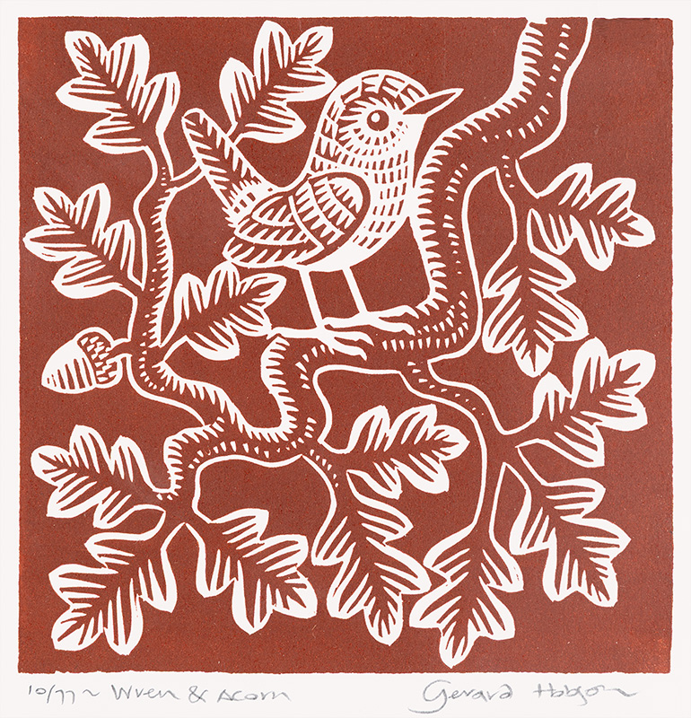 Gerard Hobson, Original linocut print, Wren and Acorn