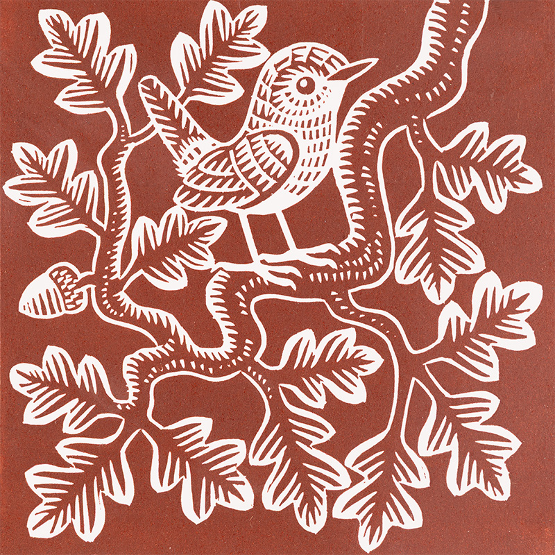 Gerard Hobson, Original linocut print, Wren and Acorn
