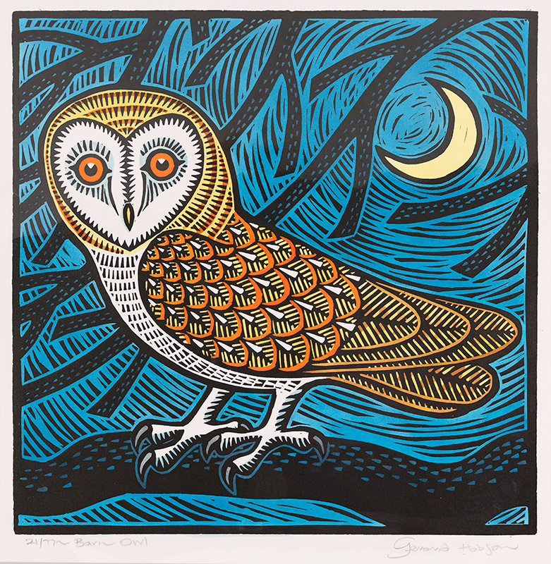 Gerard Hobson, Original linocut print, Barn Owl
